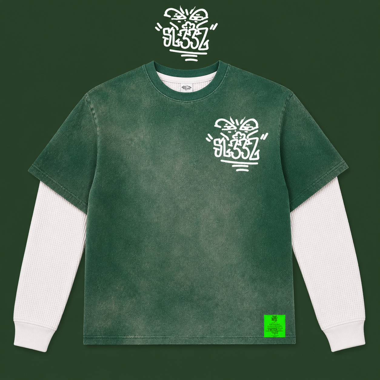 "LOGAN GREEN DIRT BAG UNISEX TEE" (REMOVABLE THERMAL LONG SLEEVE )